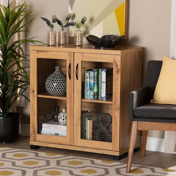 Baxton Studio Zentra Modern and Contemporary Oak Brown Finished Wood 2-Door Storage Cabinet with Glass Doors 189-11994-ZORO - main